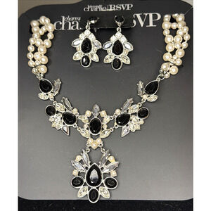 Charming Charlie NWT Necklace & Pierced Earrings Set Silver Tone Black Opal Pear